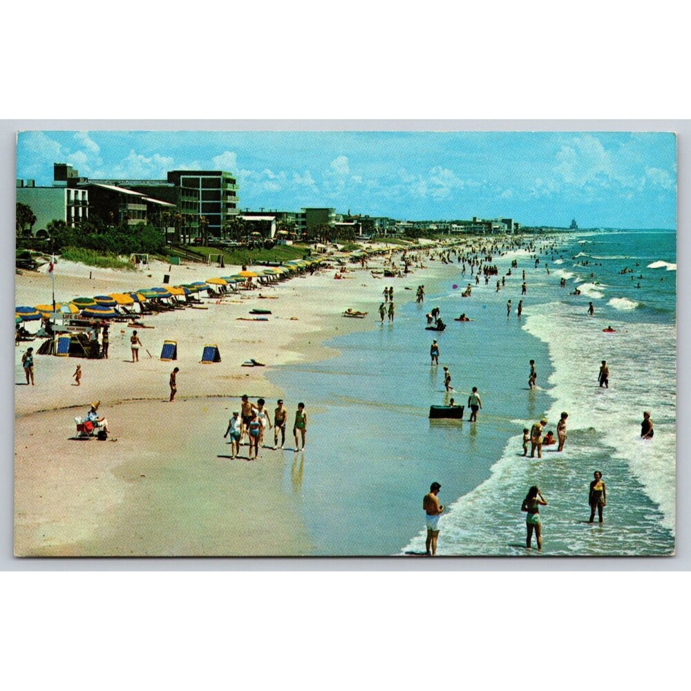 Vintage Myrtle Beach SC Postcard Beach Crowd Ocean Hotels Plyler Unposted